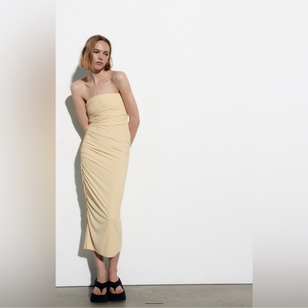 Yellow Strapless Ruched Dress